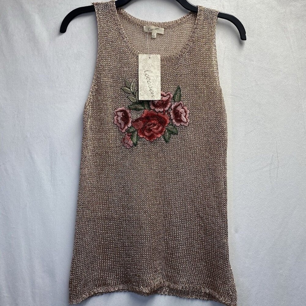 Love Sen Embroidered Open Knit Sleeveless Tank Top Women Large Gold Rose New